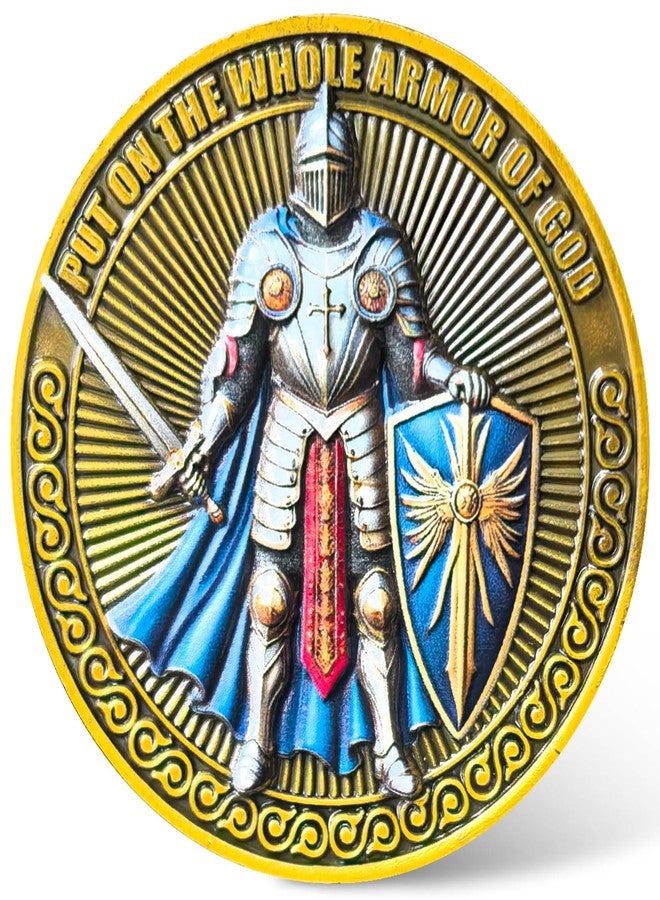 CYOUNG Whole Armor of God Christian Challenge Coin Inspirational Coin with Ephesians 6:11 Bible Verse - Motivational Knight Design - Religious Coin for Faith and Courage - Image 1